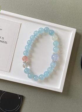 天然巴西海蓝宝手串女款白水晶