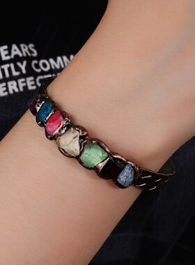 复古风7颗水晶黄晶紫晶绿萤石原石手工烧焊古铜手镯女士派对礼物