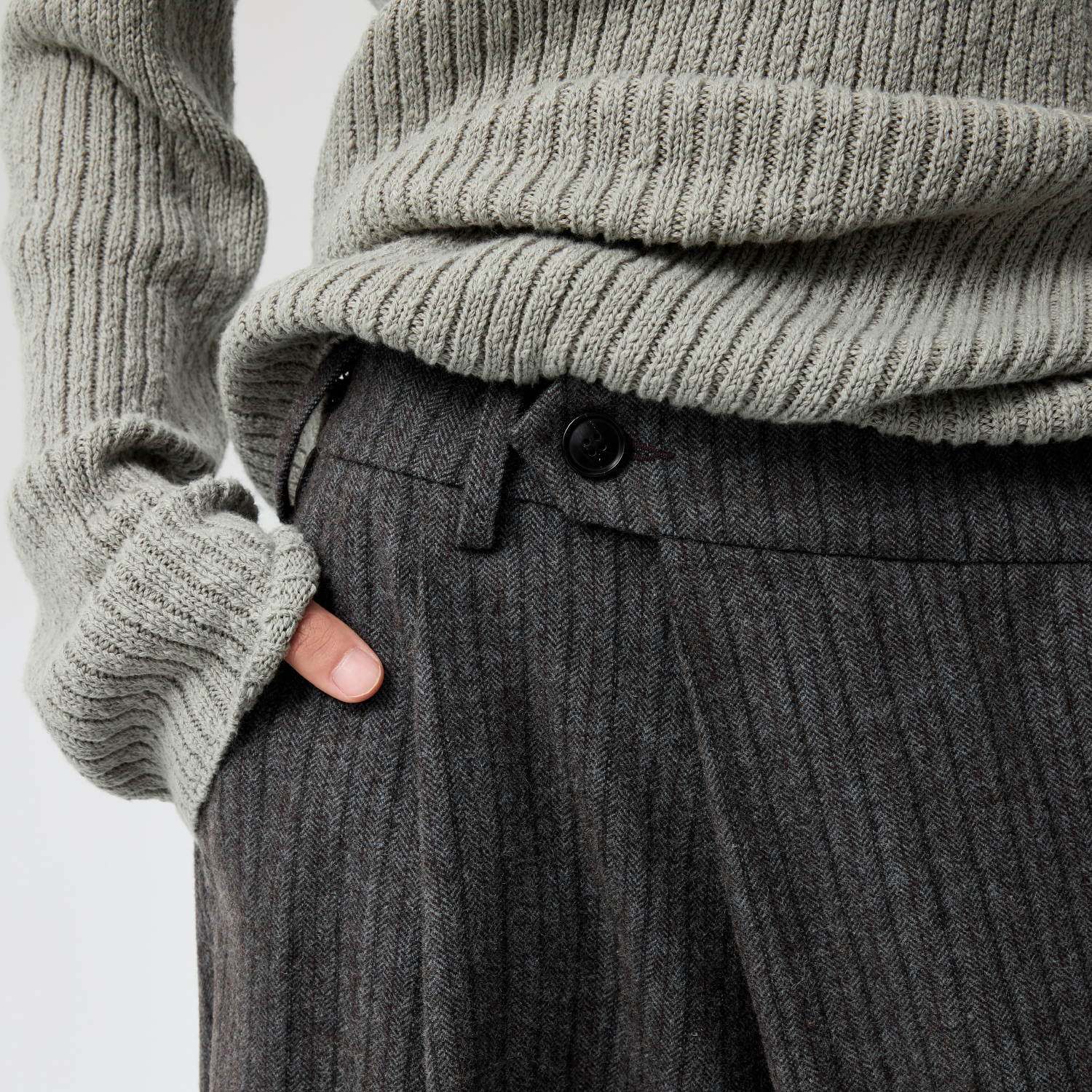 Simple Project*Striped Wool Trousers折叠门襟打褶条纹毛呢长裤 - 图1