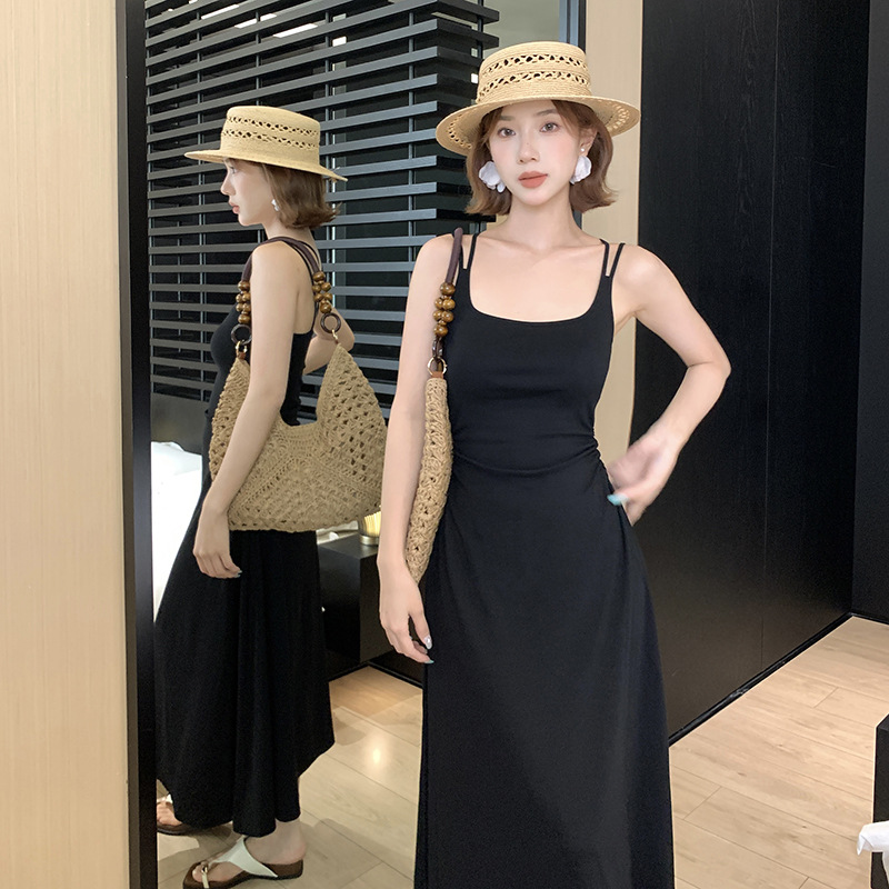 夏季双肩带方领性感长裙式美背连衣裙收腰打褶显瘦遮肉百搭连衣裙 - 图3