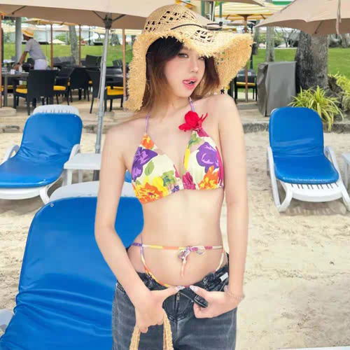 辣妹三点式绑带比基尼两件套时尚ins温泉度假印花小胸聚拢泳衣女 - 图1