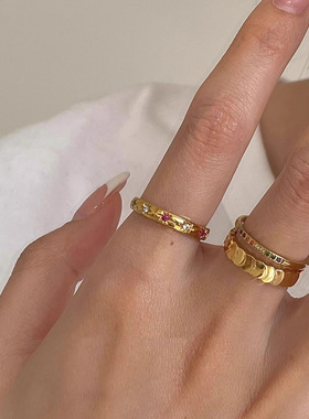 波光粼粼鱼鳞片彩锆镶钻戒指小众