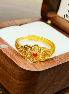 金店同款高保色古法沙金微镶珐琅彩繁花似锦开口戒指女宫廷风