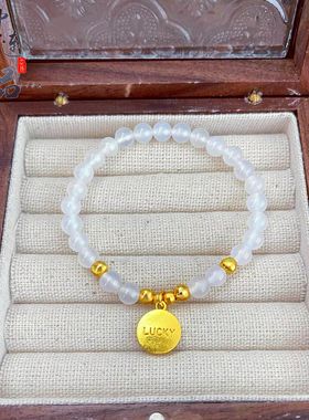 金店同款高保色古法沙金白玛瑙福牌手链女 简约轻奢福牌手链批发