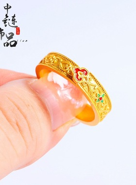 直播爆款高保色国风古法沙金戒指开口可调节祥云烧蓝戒指情侣