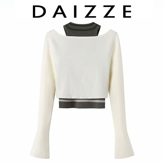 DAIZZE2023春装新款设计感蝴蝶结装饰修身显瘦短款针织衫两件套女