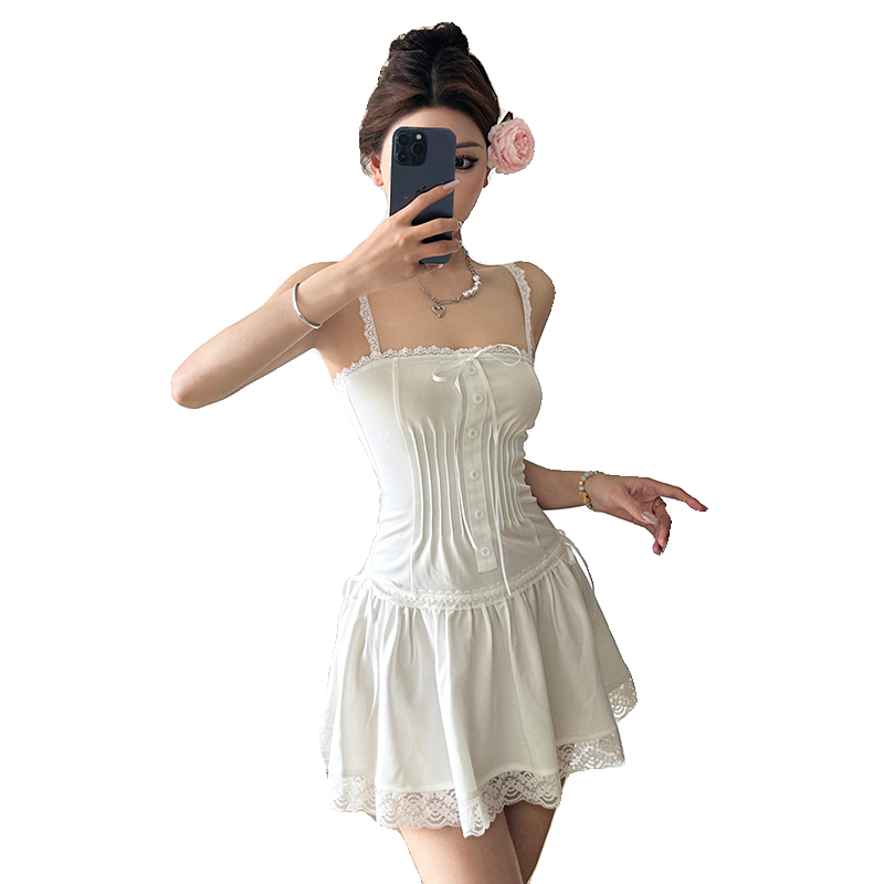 Amyway纯欲风复古白色蕾丝蝴蝶结系带吊带裙 法式A字拼接小白裙女,淘宝优惠券,粉丝福利购,淘宝优惠卷