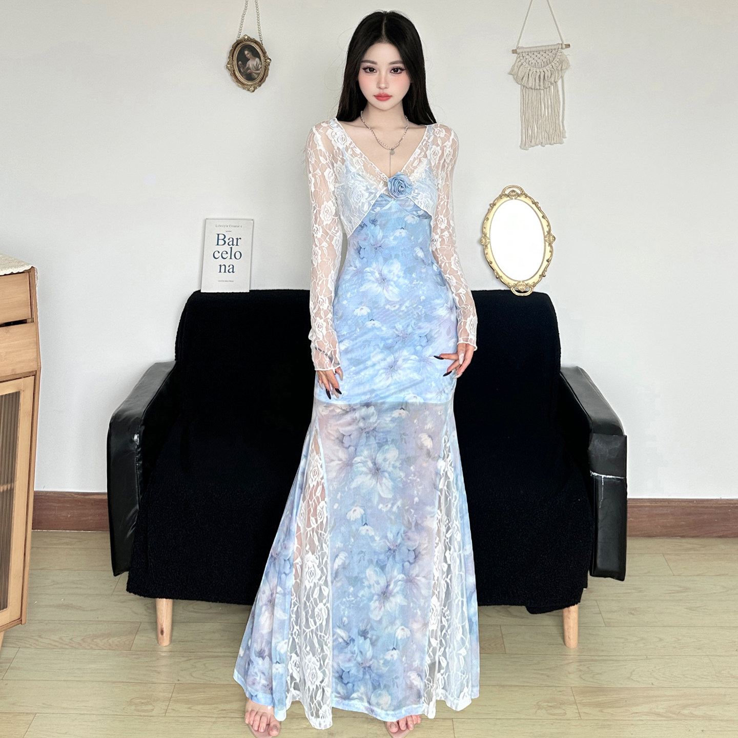 Amyway【星海浪漫】复古碎花晕染吊带裙蕾丝开衫两件套鱼尾裙长裙,淘宝优惠券,粉丝福利购,淘宝优惠卷