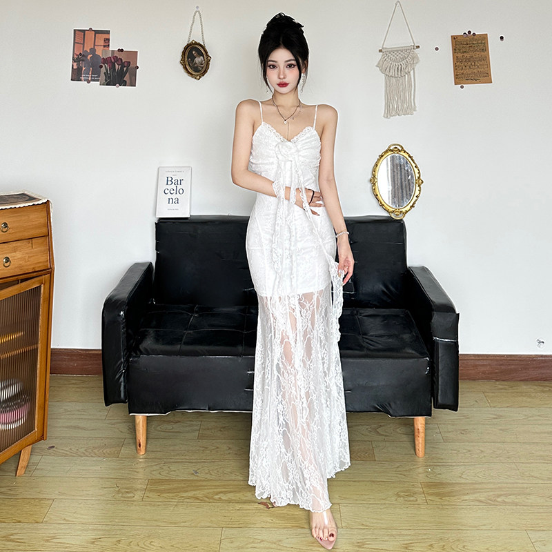 Amyway【浪漫少女】法式复古蕾丝拼接V领吊带裙飘带花朵鱼尾裙女,淘宝优惠券,粉丝福利购,淘宝优惠卷