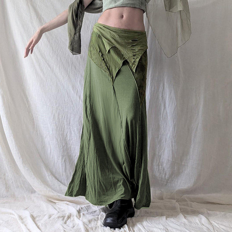 Amyway【绿野辣妹】古早复古风气质拼接长裙低腰显瘦包臀半身裙 - 图1