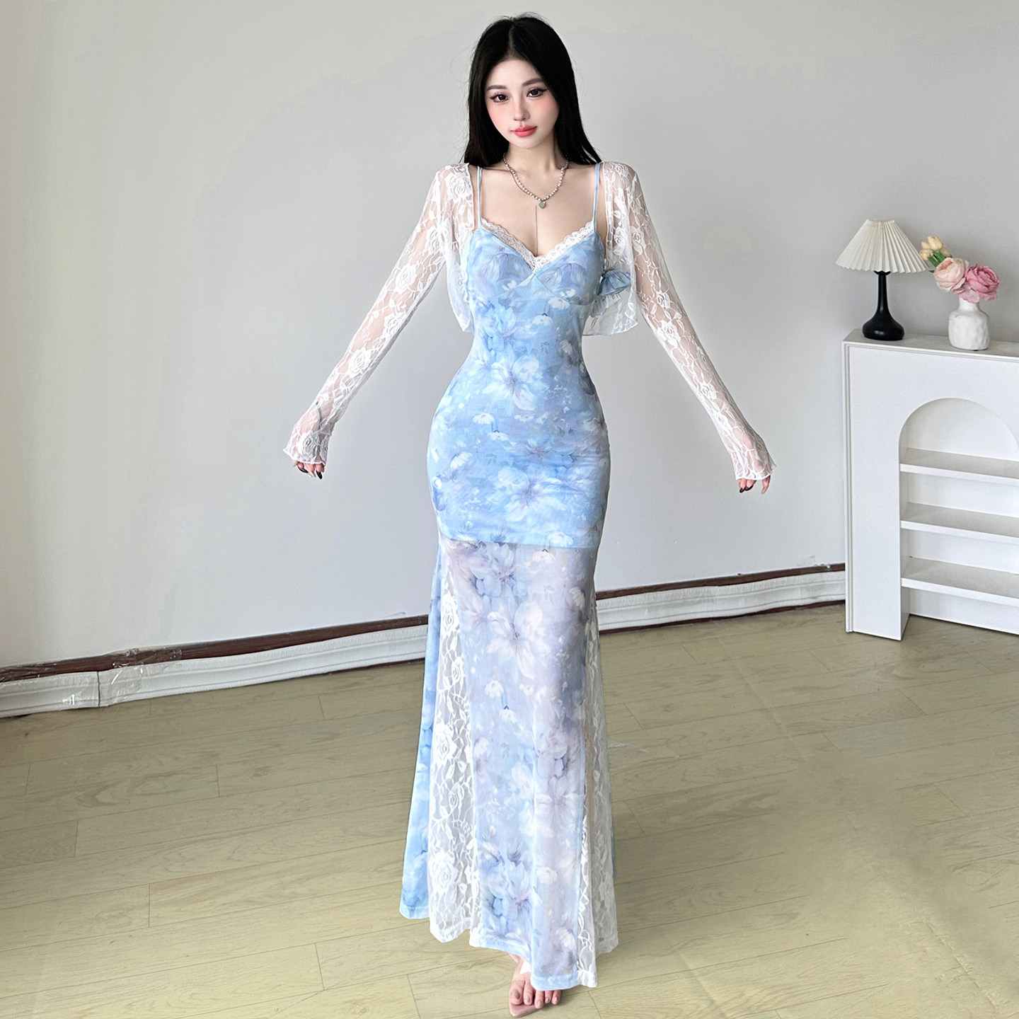 Amyway【星海浪漫】复古碎花晕染吊带裙蕾丝开衫两件套鱼尾裙长裙,淘宝优惠券,粉丝福利购,淘宝优惠卷