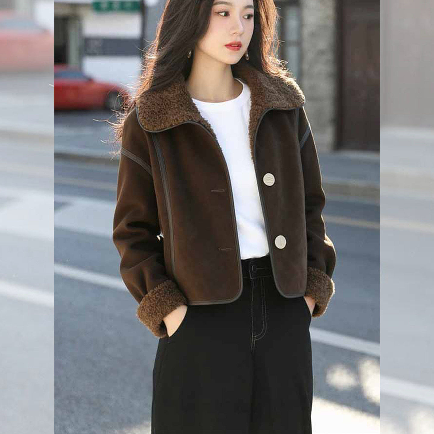韩系巨好看的冬装咖色翻领小香风短款加绒加厚羊羔绒皮草外套女款,淘宝优惠券,粉丝福利购,淘宝优惠卷