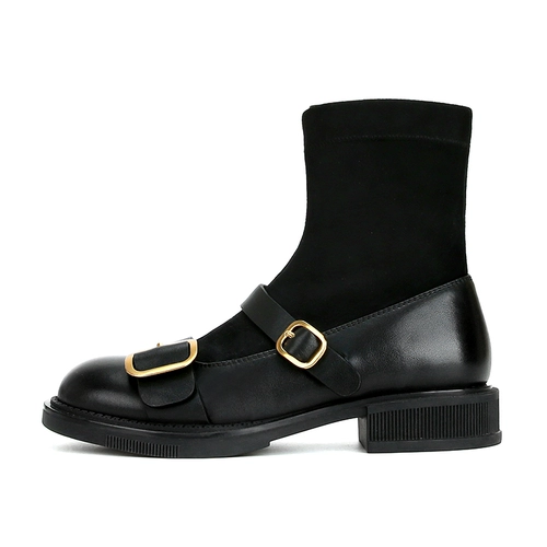 [Sheii su yinyin] xiaojin buckle ~ новая кожаная двойная пряжка эластичные короткие ботинки женские носки ботинки черные узкие ботинки