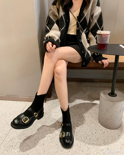 [Sheii su yinyin] xiaojin buckle ~ новая кожаная двойная пряжка эластичные короткие ботинки женские носки ботинки черные узкие ботинки