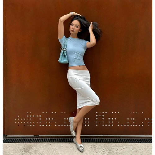 美式辣妹INS风穿搭套装女蓝色修身短袖上衣白色紧身包臀半身裙 - 图1