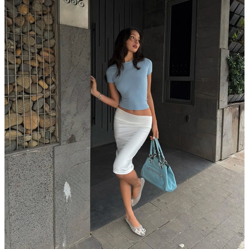 美式辣妹INS风穿搭套装女蓝色修身短袖上衣白色紧身包臀半身裙 - 图3