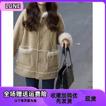 Lune even hat fur integrated thick coat female winter design sensation Leisure 100 lap temperament thickened suede jacket