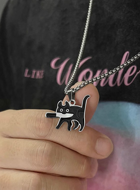 嘻哈男潮ins叼小刀猫咪项链