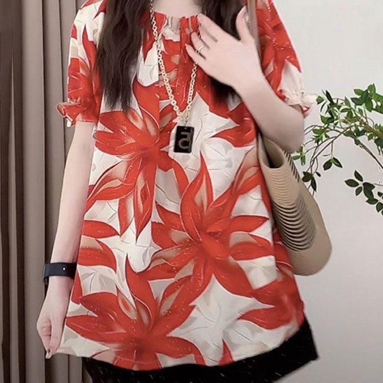 大码胖mm新中式一字领气质荷叶袖碎花衬衫夏季遮肚子显瘦短袖上衣-图1