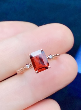 6x8方形天然石榴石女款戒指S925银鸽血红色宝石纯银镶嵌开口时尚