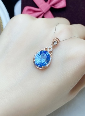 天然蓝托帕吊坠女S925银玫瑰金色时尚经典白金色伦敦蓝宝石
