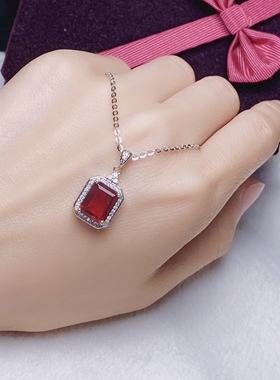 s925银8×10长方太阳石红色宝石纯银镶嵌大气时尚简约洋气吊坠
