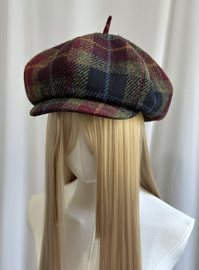 HarrisTweed哈里斯帽子秋冬保暖粗花呢复古格子大版报童帽纯羊毛