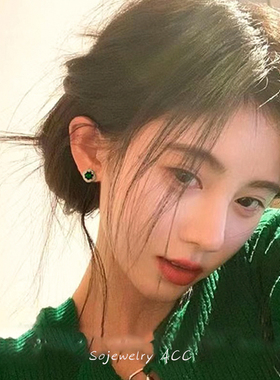 复古祖母绿方钻耳钉蚊香盘耳夹女