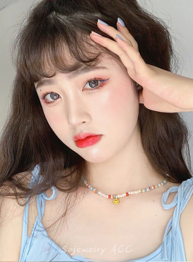 原创彩色多巴胺串珠笑脸项链锁骨