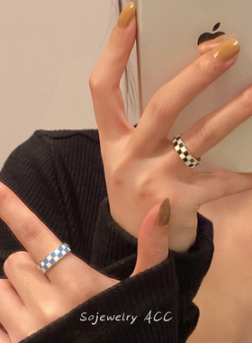 时尚个性棋盘格开口女戒指ins潮