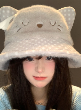可爱猫咪毛绒渔夫帽女秋冬显脸小