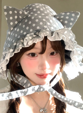 波点猫耳朵蕾丝花边包头帽女春夏