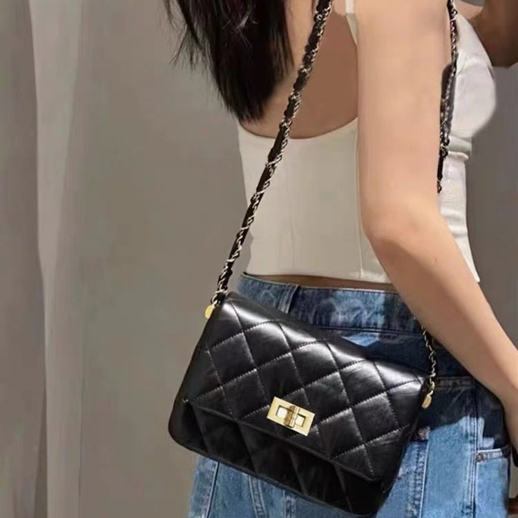 2023新款头层油蜡牛皮小香风菱格链条小方包时尚简约单肩斜挎女包,淘宝优惠券,粉丝福利购,淘宝优惠卷