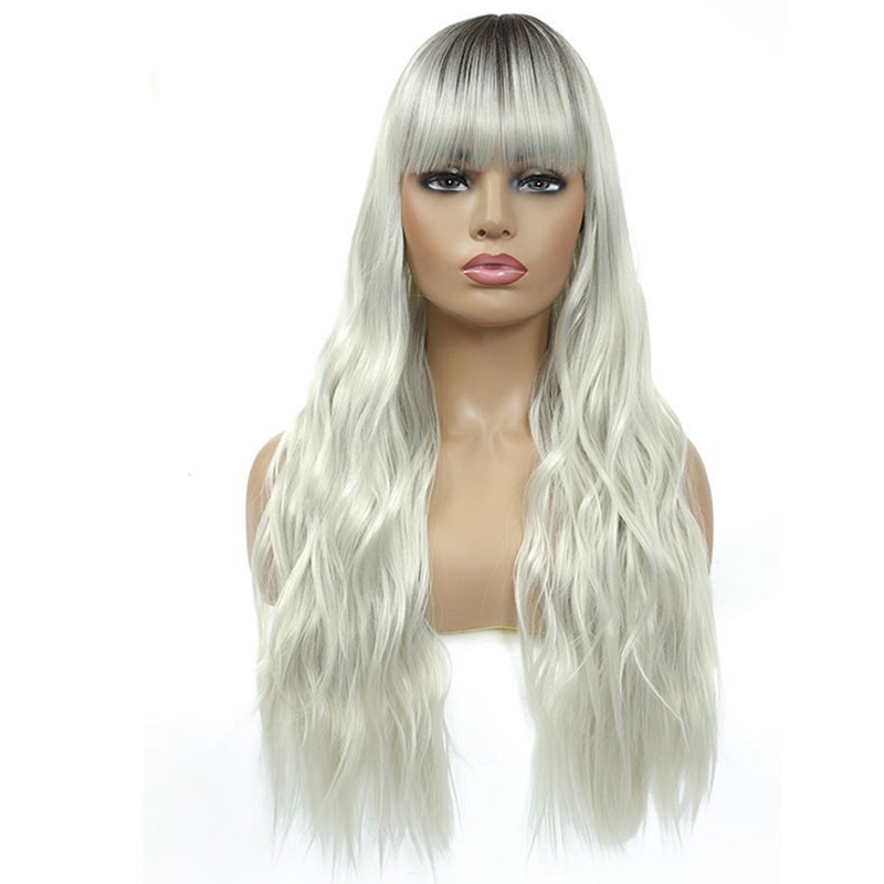 Brown Gray Synthetic Long Natural Wave Wigs with Bangs长假发 - 图0