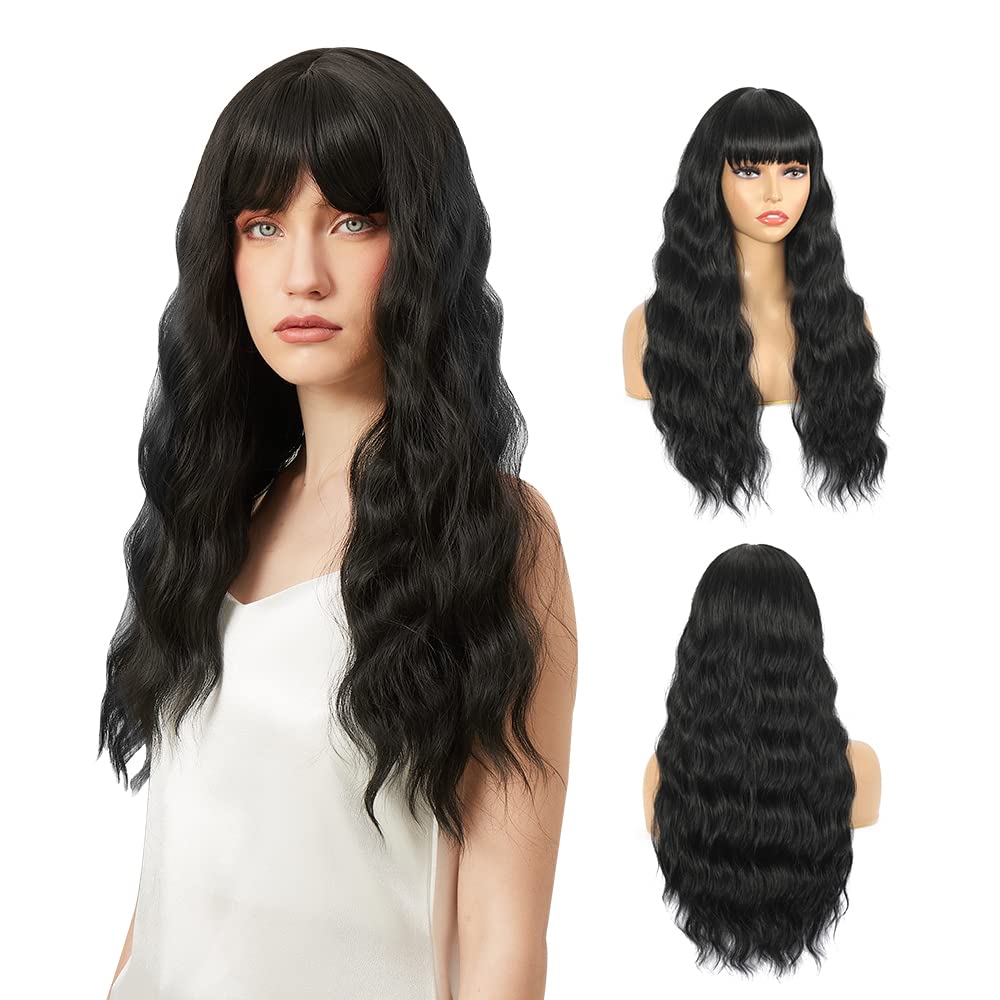 Brown Gray Synthetic Long Natural Wave Wigs with Bangs长假发 - 图3