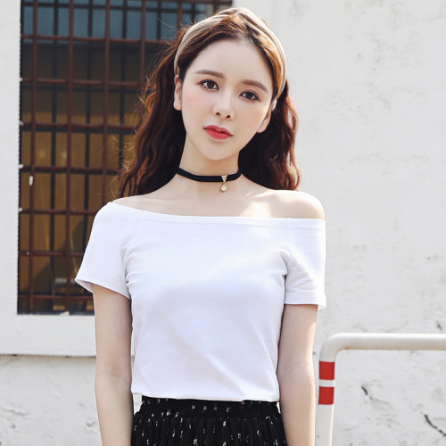 女装时髦时尚洋气一字肩上衣女夏短袖性感紧身修身t恤女短款纯棉 - 图2