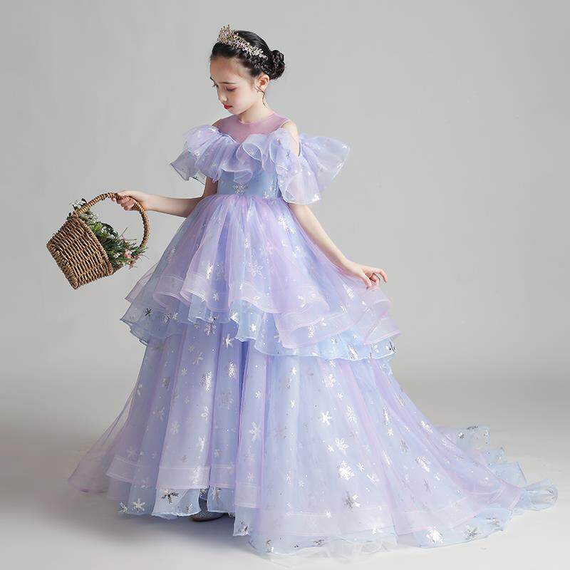 高端原创女童公主裙主持人花童钢琴演出蓝紫色拖尾儿童走秀礼服潮