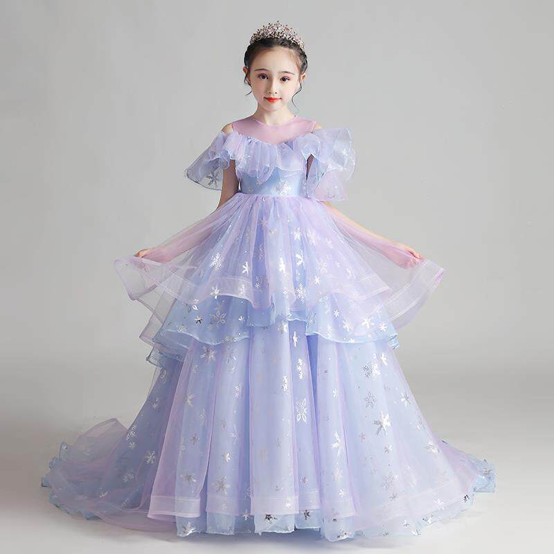 高端原创女童公主裙主持人花童钢琴演出蓝紫色拖尾儿童走秀礼服潮