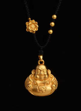 金店同款金色沙金仿真福佛公吊坠项链莲花绳镂空大肚佛挂坠3d硬金