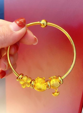 沙金金色穿珠光面可打开手镯女招财猫桃花福袋仿真开口万能镯礼盒