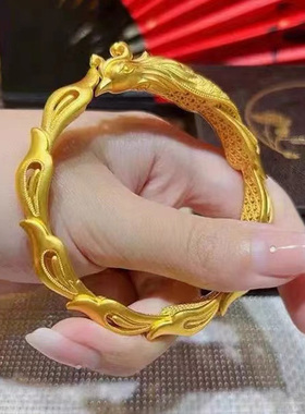 仿真沙金龙凤手镯仿真古金色法婚嫁假三金龙凤呈祥结新婚大金镯子