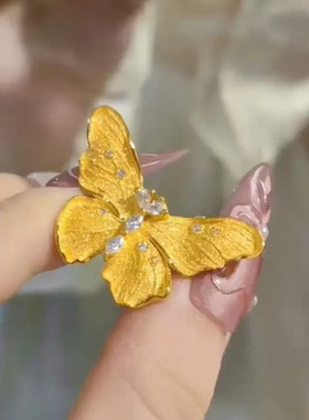 古法沙金点钻蝶戒指蝴蝶拉丝镶钻戒指紫蝴蝶戒指金色福蝶开口指环