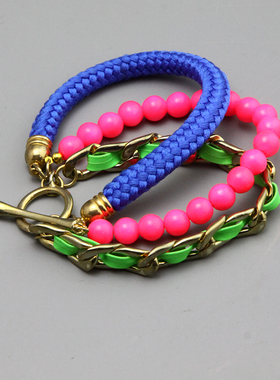 I复古vintage设计师款撞色荧光色多层手镯孤品