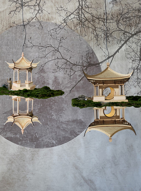 新中式风实木古亭子造景镜像模型