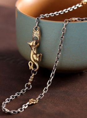 蒙客S925银雕刻猫咪金钢链项链