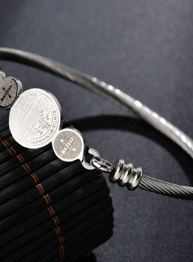 跨境爆款热销不锈钢三色拉丝编织手镯 圆形十字架欧美风手环时尚