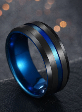 欧美时尚简约8MM彩色钛钢凹槽戒指 拉丝彩色戒指女指环节日礼物