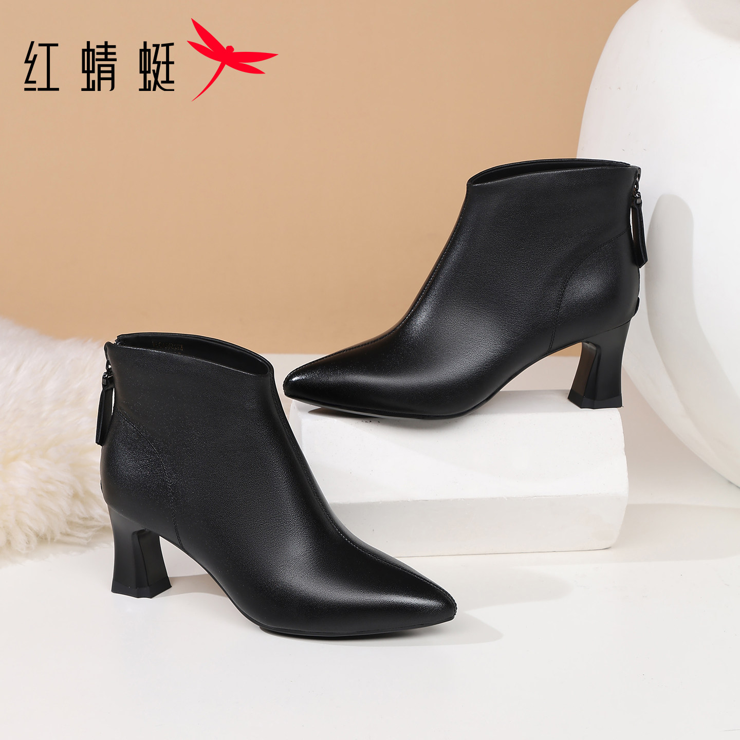 红蜻蜓女鞋新款女士尖头高跟洋气小短靴女真皮裸靴加绒靴子时装靴,淘宝优惠券,粉丝福利购,淘宝优惠卷