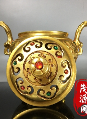 民间回流双耳三足鼎香炉镶嵌宝石铜香炉熏香炉老物件装饰摆件收藏