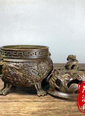 仿古纯铜螭龙双耳三足九龙鼎香薰炉家用茶道桌面小香炉摆件老铜器